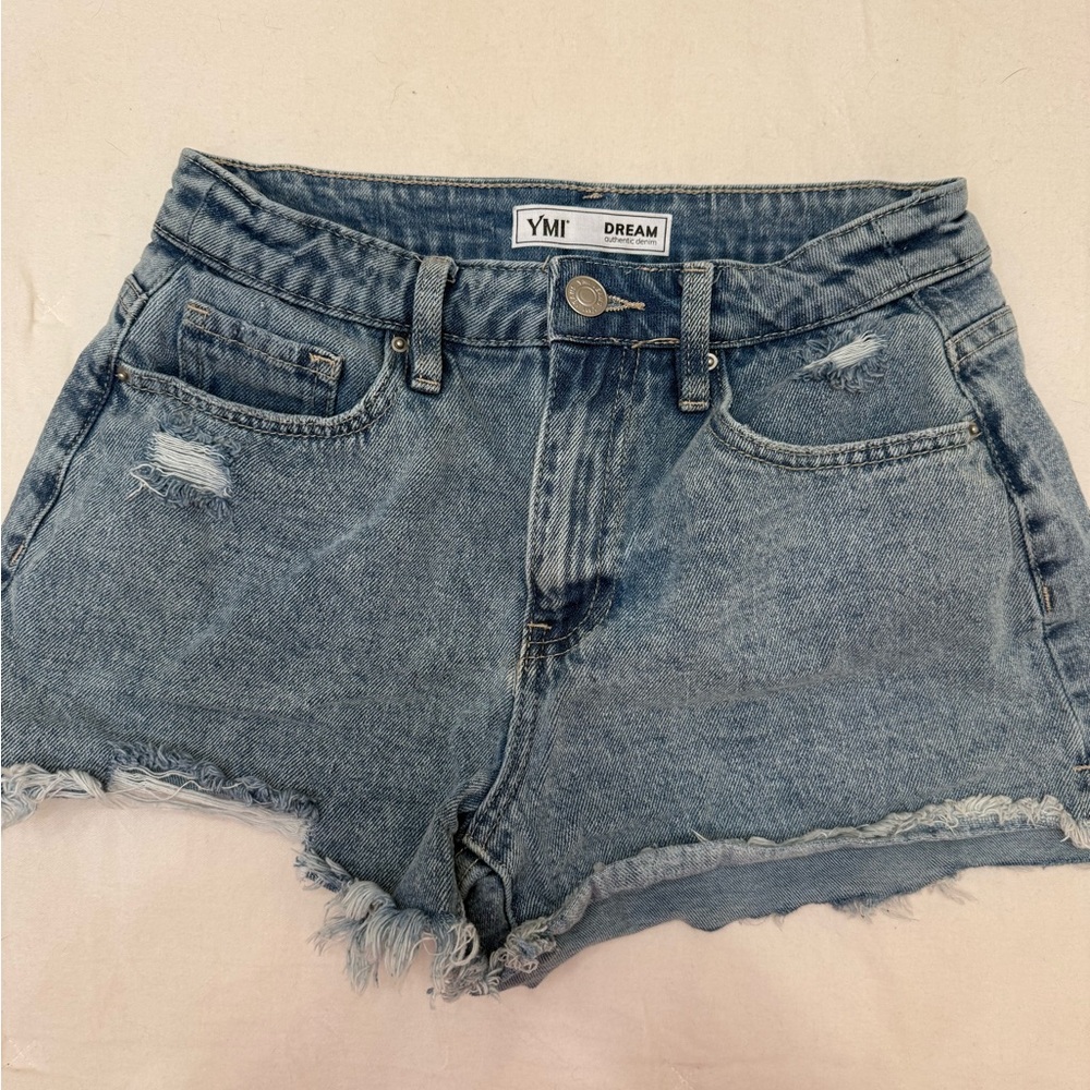 YMI Distressed Light Wash Jean Shorts with Frayed Hem